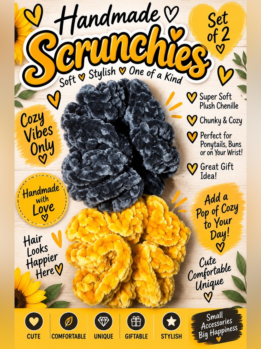Handmade Plush Chenille Scrunchies Set of 2 Charcoal Gray Mustard Gold Chunky